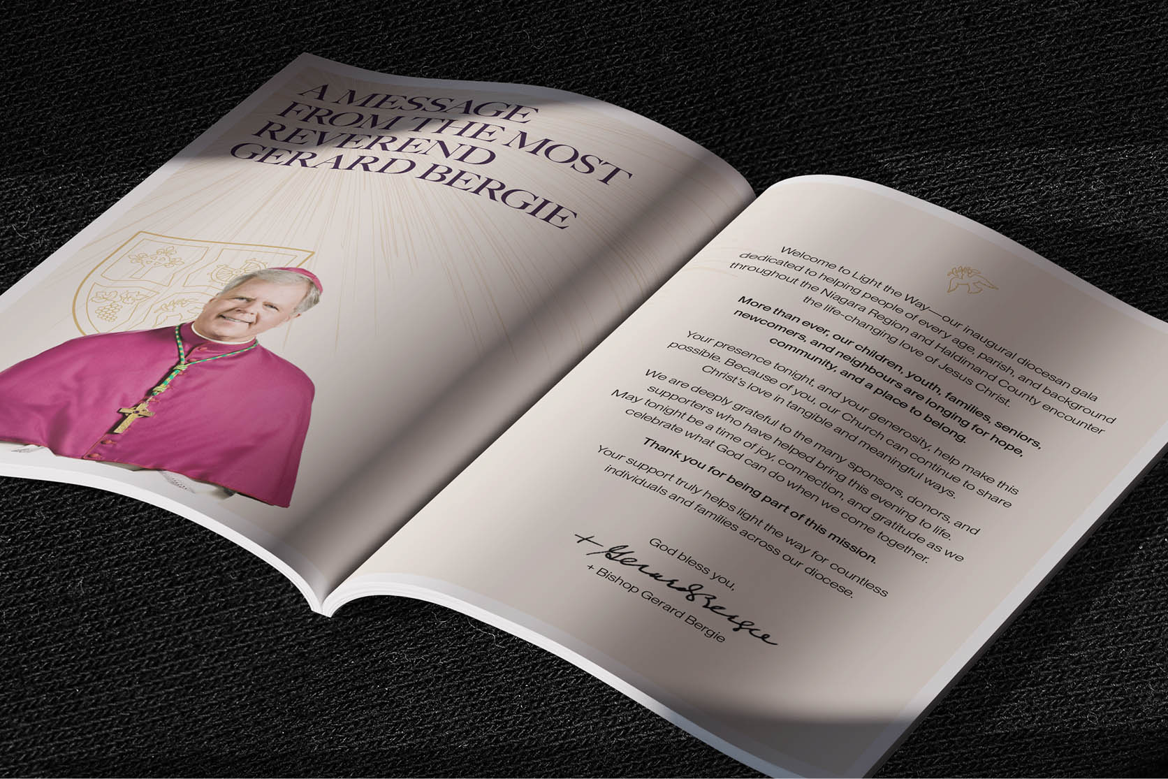 open brochure showing a church figure